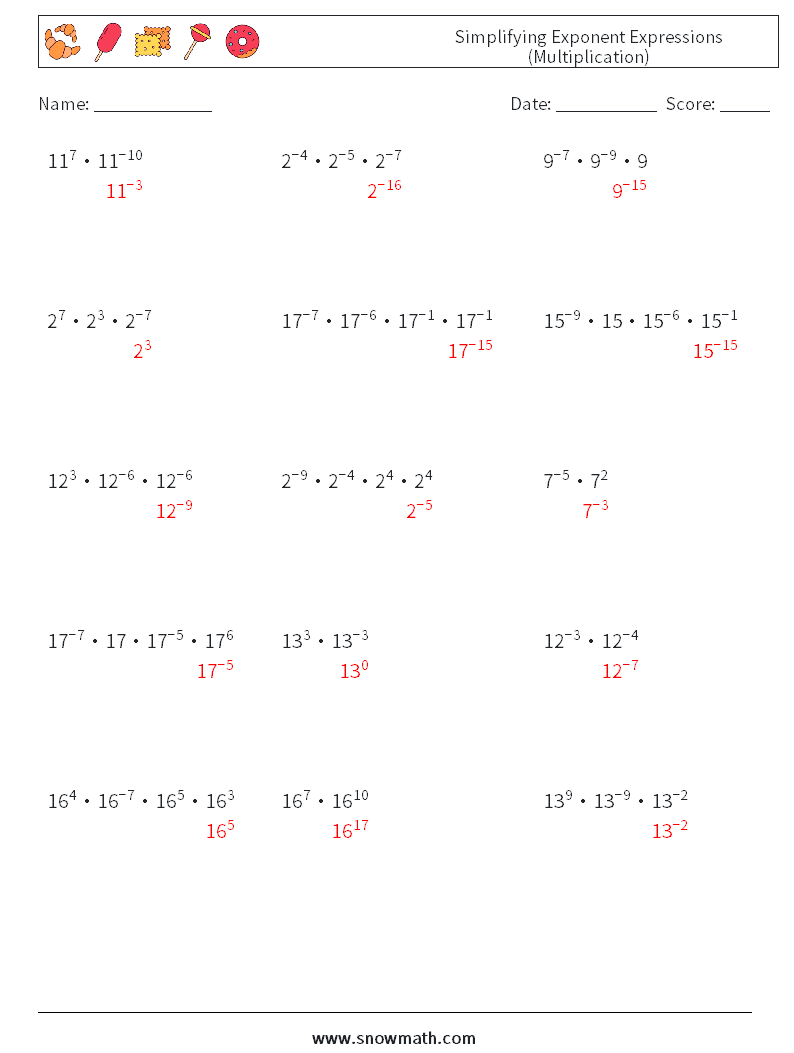 Simplifying Exponent Expressions (Multiplication) Math Worksheets 9 Question, Answer