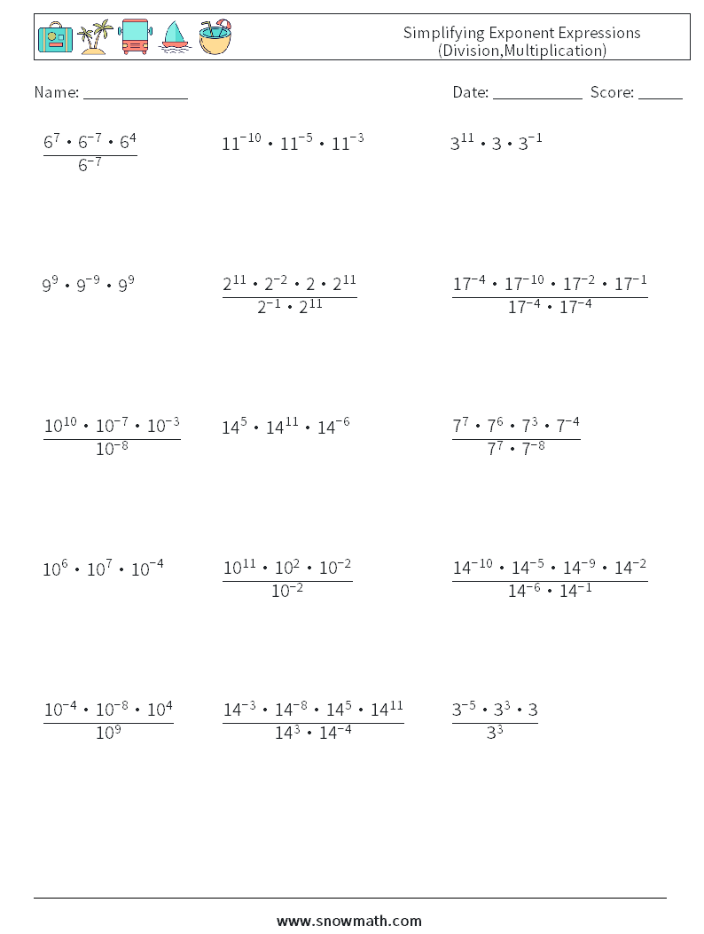 Simplifying Exponent Expressions (Division,Multiplication) Math Worksheets 1