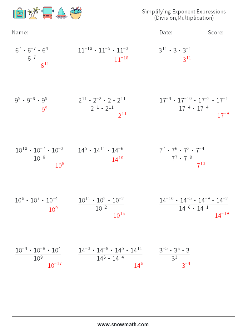 Simplifying Exponent Expressions (Division,Multiplication) Math Worksheets 1 Question, Answer