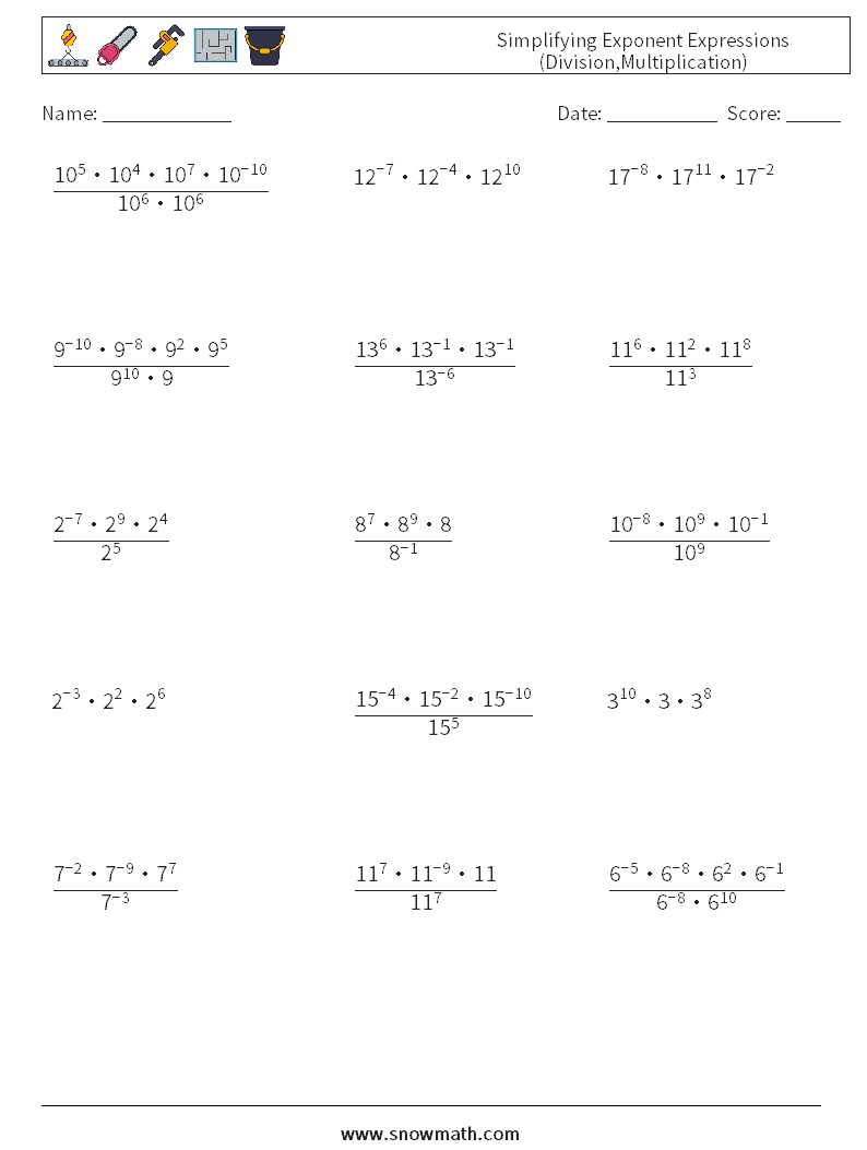 Simplifying Exponent Expressions (Division,Multiplication) Math Worksheets 2