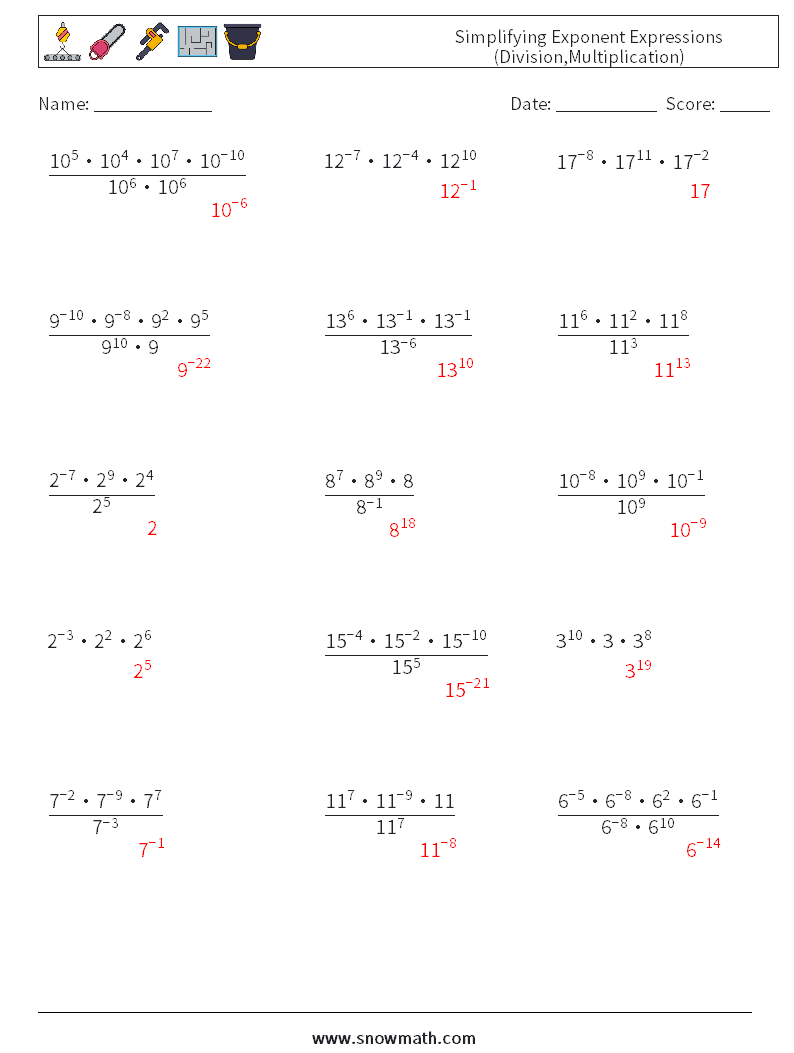 Simplifying Exponent Expressions (Division,Multiplication) Math Worksheets 2 Question, Answer