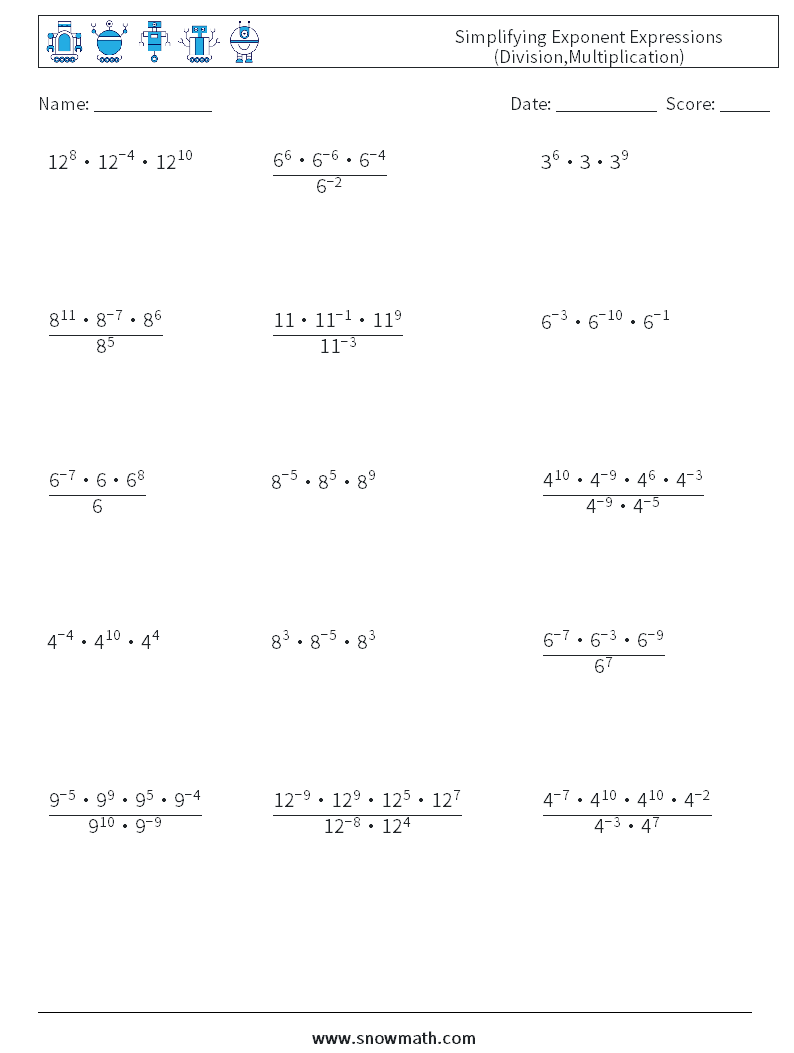 Simplifying Exponent Expressions (Division,Multiplication) Math Worksheets 3