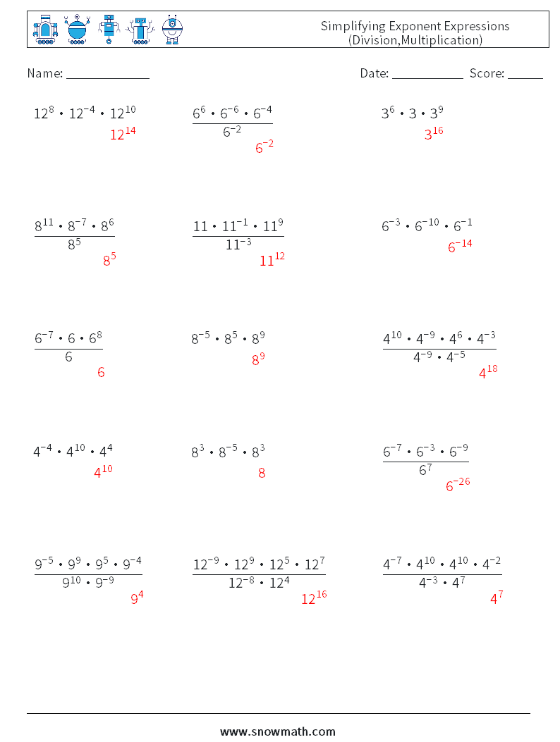 Simplifying Exponent Expressions (Division,Multiplication) Math Worksheets 3 Question, Answer
