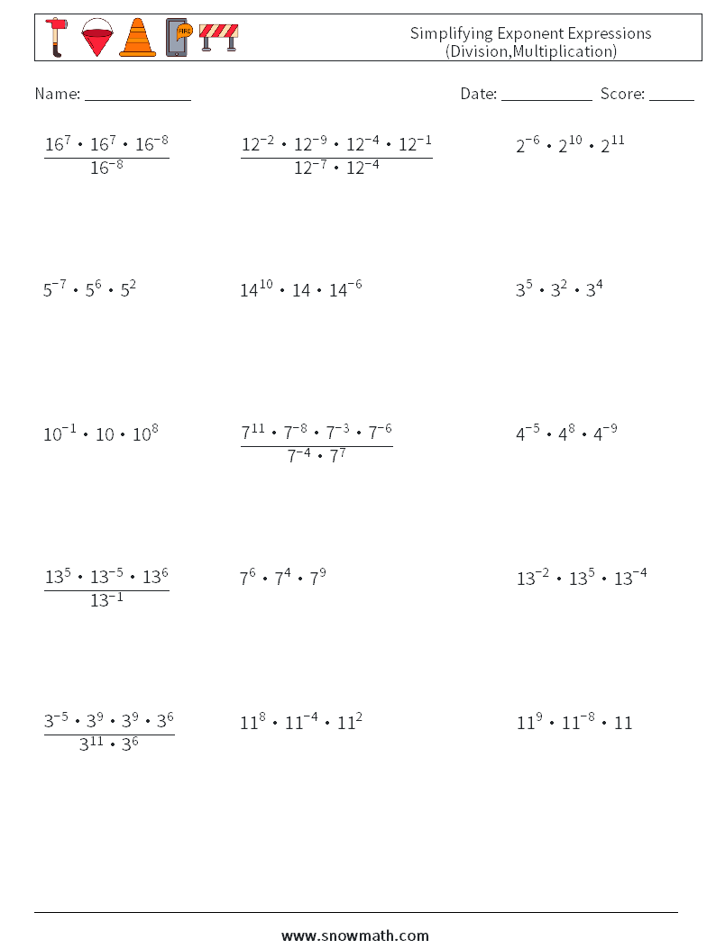Simplifying Exponent Expressions (Division,Multiplication) Math Worksheets 4
