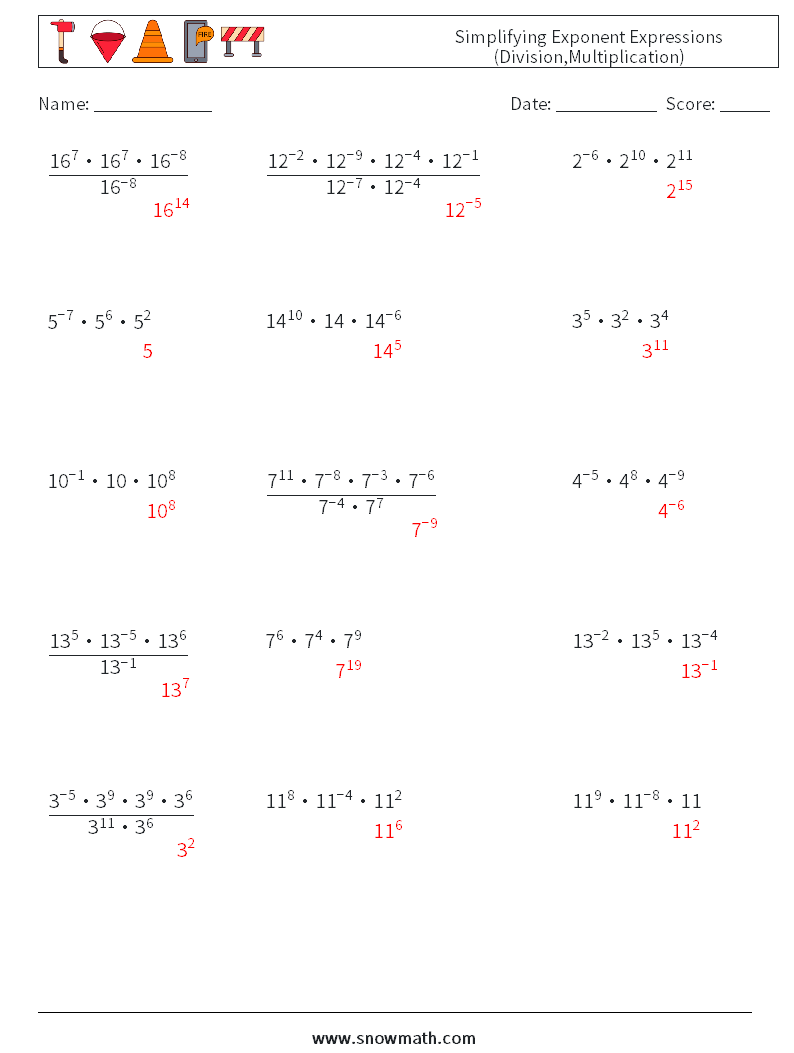 Simplifying Exponent Expressions (Division,Multiplication) Math Worksheets 4 Question, Answer