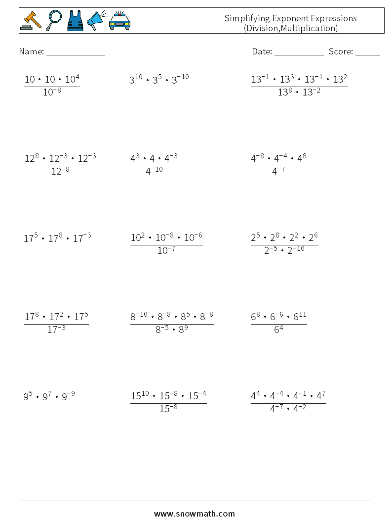 Simplifying Exponent Expressions (Division,Multiplication) Math Worksheets 5