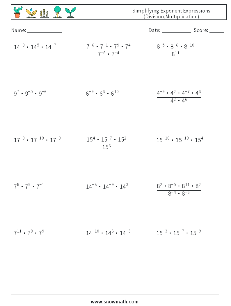 Simplifying Exponent Expressions (Division,Multiplication) Math Worksheets 6