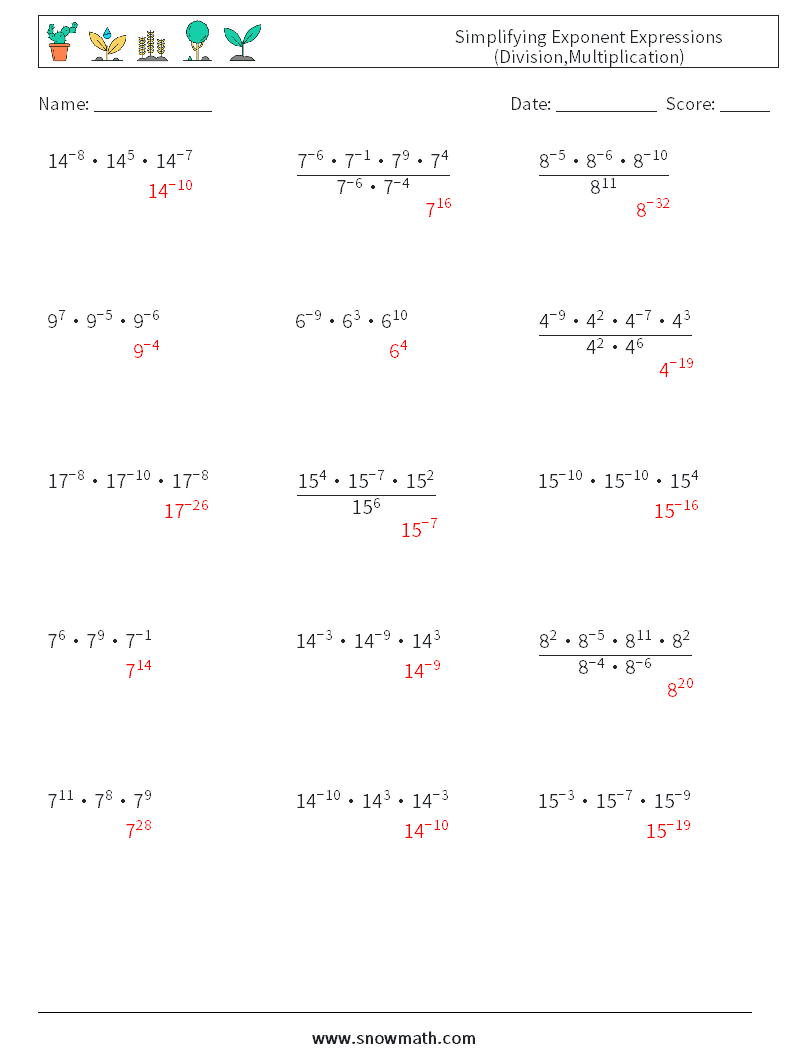 Simplifying Exponent Expressions (Division,Multiplication) Math Worksheets 6 Question, Answer