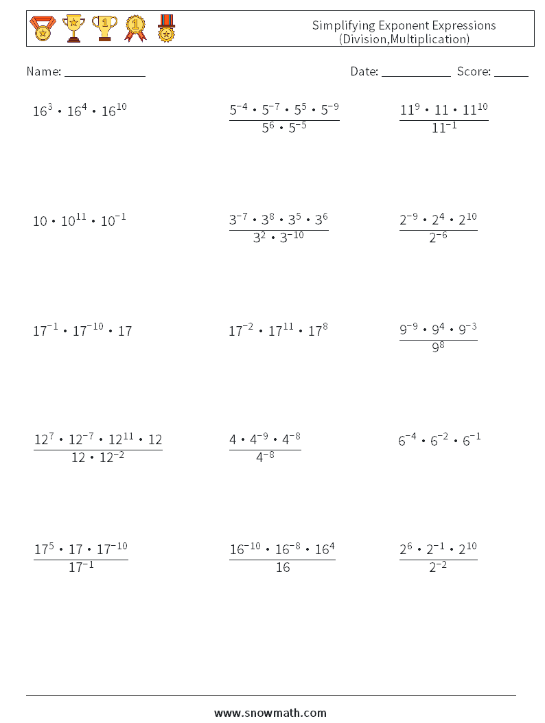 Simplifying Exponent Expressions (Division,Multiplication) Math Worksheets 7