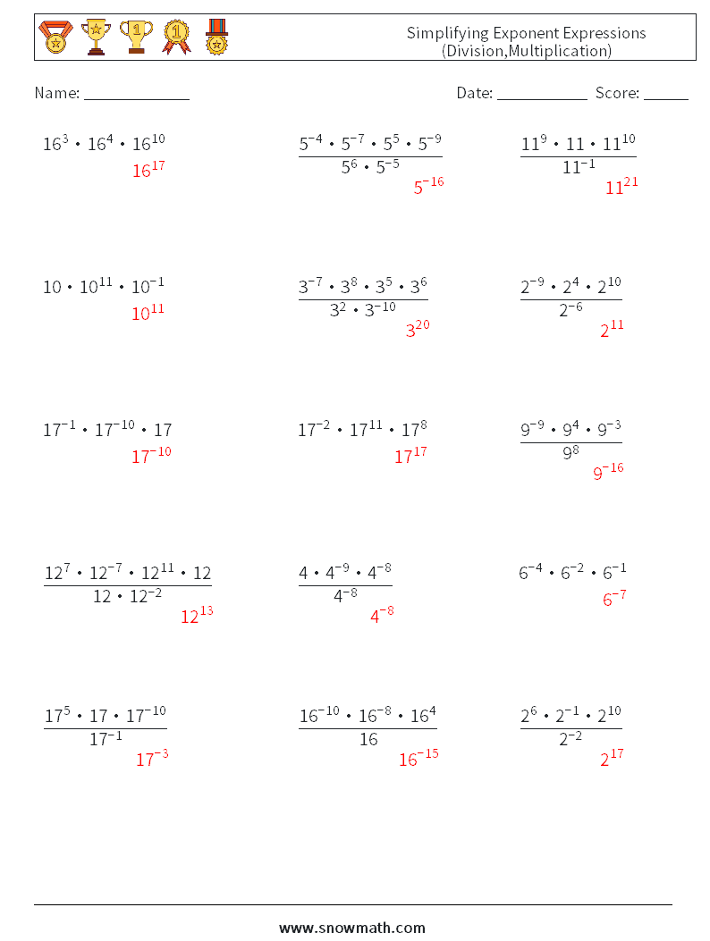 Simplifying Exponent Expressions (Division,Multiplication) Math Worksheets 7 Question, Answer