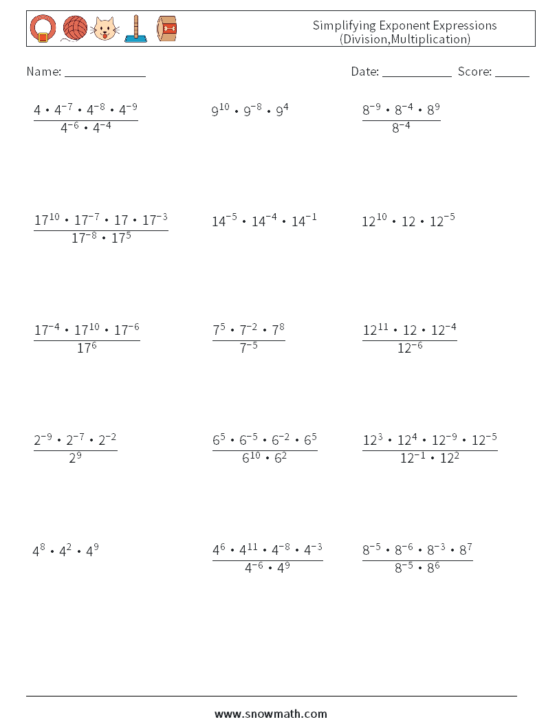 Simplifying Exponent Expressions (Division,Multiplication) Math Worksheets 8