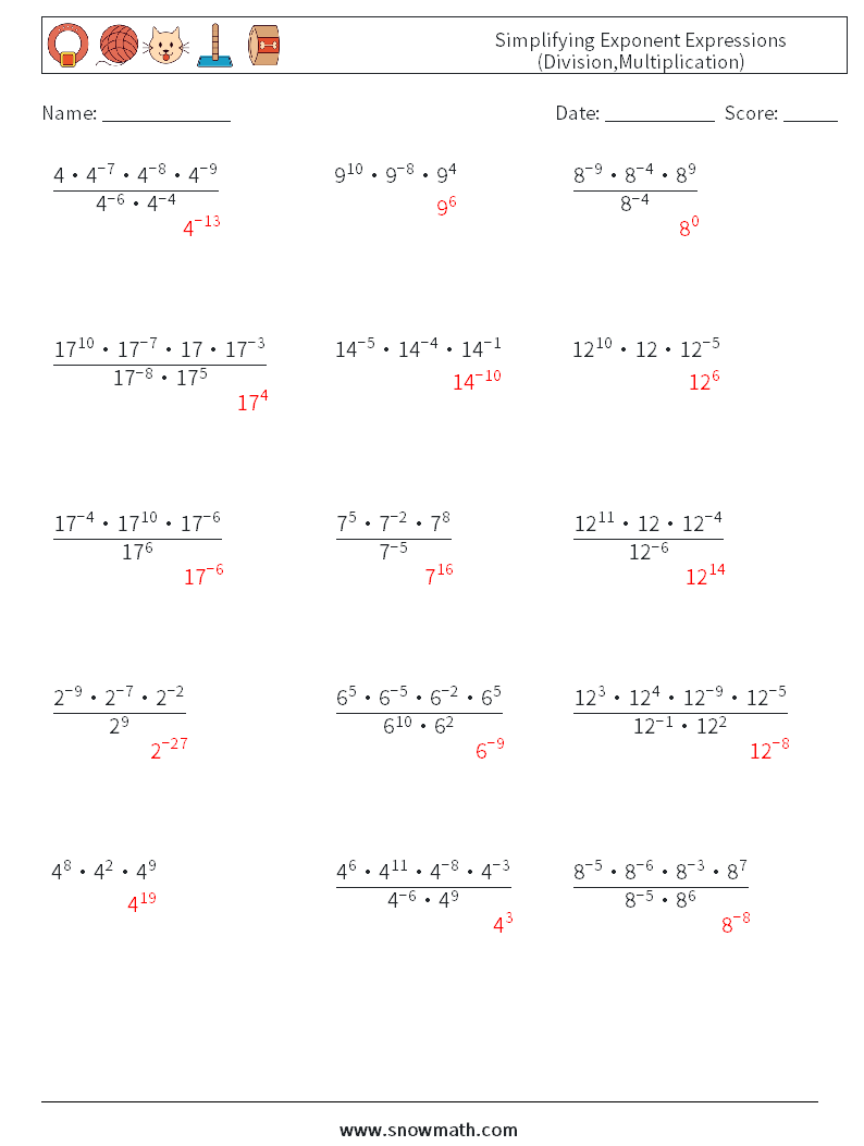 Simplifying Exponent Expressions (Division,Multiplication) Math Worksheets 8 Question, Answer