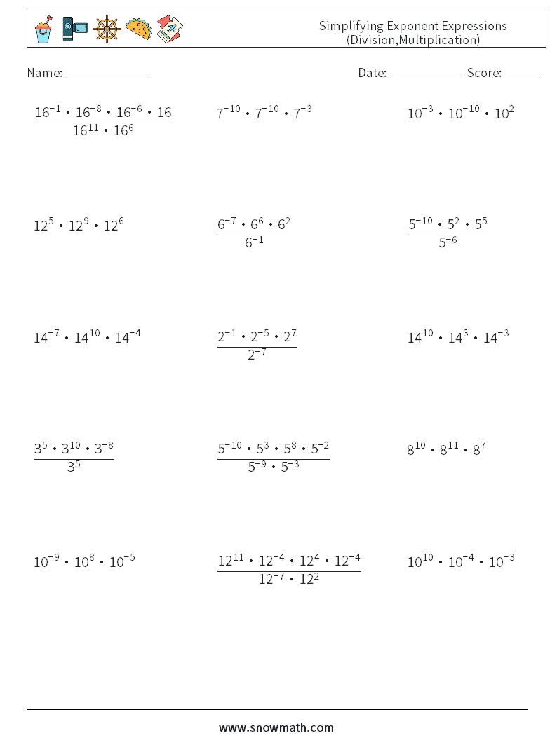 Simplifying Exponent Expressions (Division,Multiplication) Math Worksheets 9