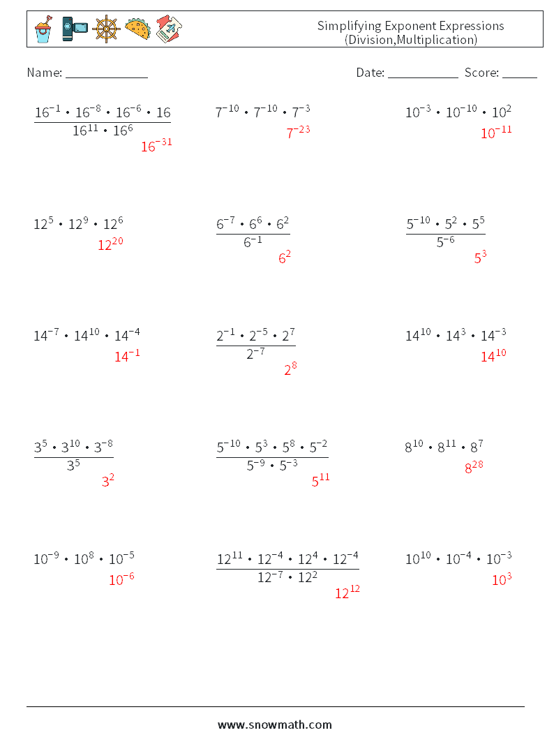 Simplifying Exponent Expressions (Division,Multiplication) Math Worksheets 9 Question, Answer