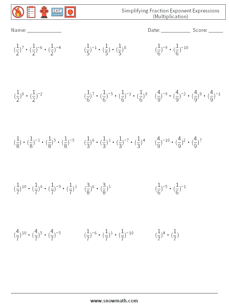 Simplifying Fraction Exponent Expressions (Multiplication) Math Worksheets 1