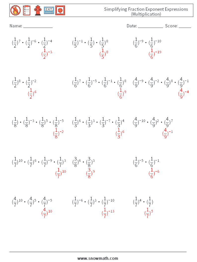 Simplifying Fraction Exponent Expressions (Multiplication) Math Worksheets 1 Question, Answer
