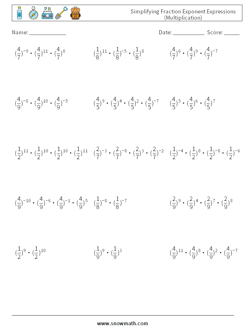 Simplifying Fraction Exponent Expressions (Multiplication) Math Worksheets 2