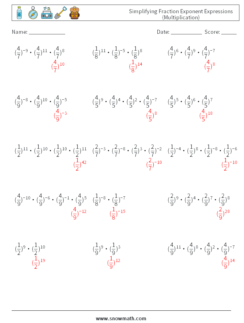 Simplifying Fraction Exponent Expressions (Multiplication) Math Worksheets 2 Question, Answer