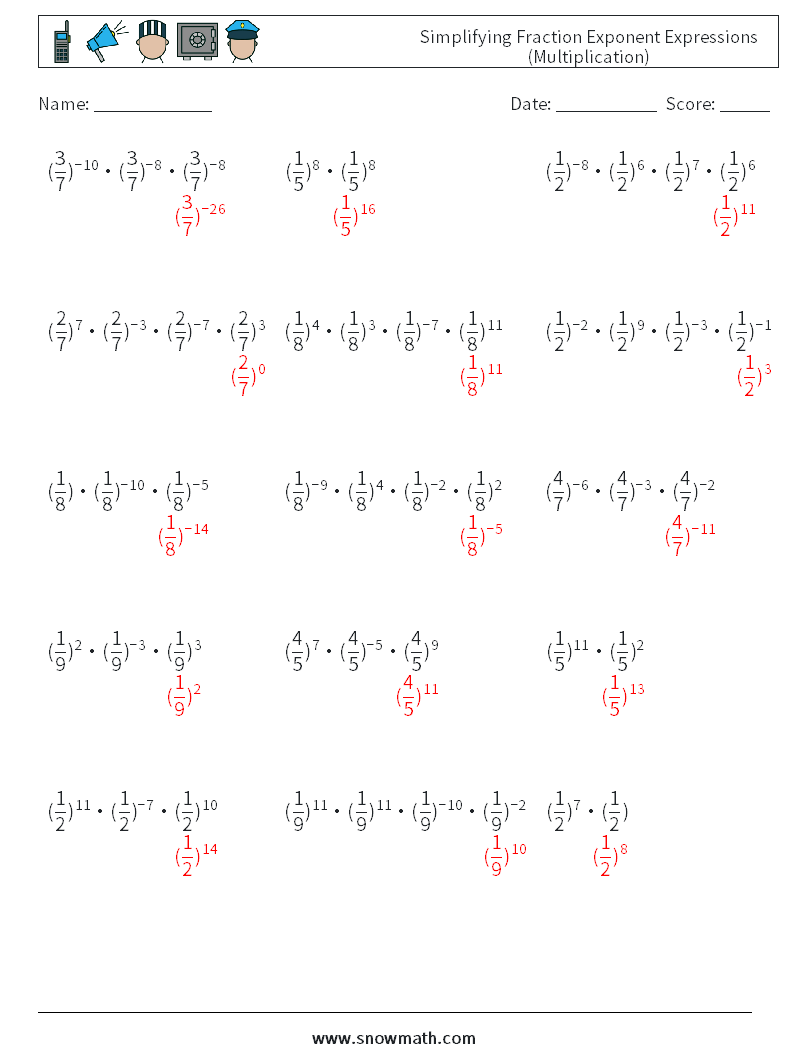 Simplifying Fraction Exponent Expressions (Multiplication) Math Worksheets 3 Question, Answer