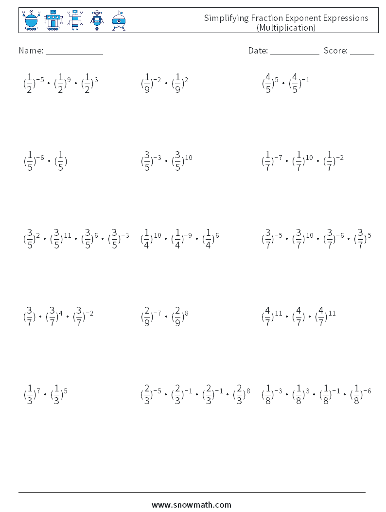 Simplifying Fraction Exponent Expressions (Multiplication) Math Worksheets 4