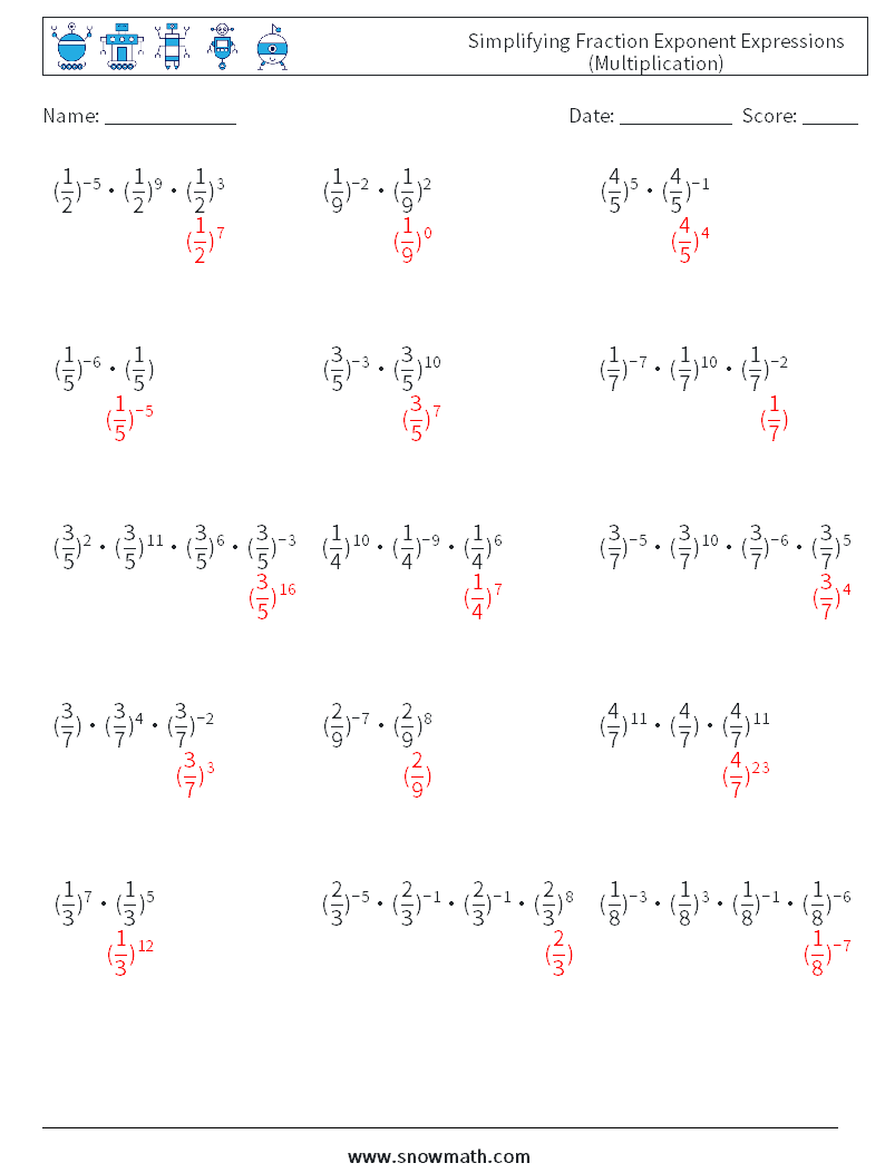 Simplifying Fraction Exponent Expressions (Multiplication) Math Worksheets 4 Question, Answer