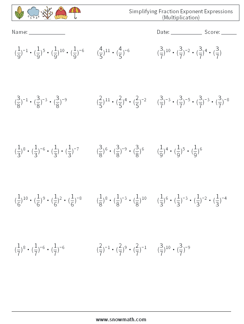 Simplifying Fraction Exponent Expressions (Multiplication) Math Worksheets 5