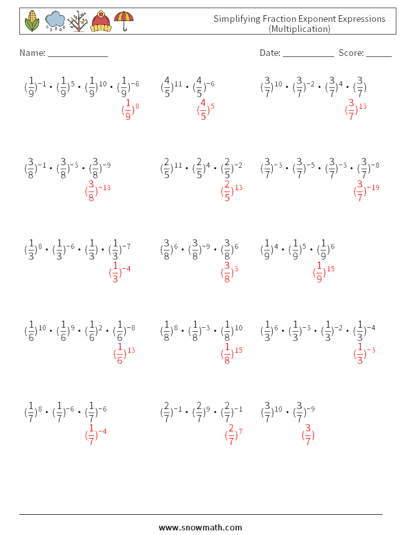 Simplifying Fraction Exponent Expressions (Multiplication) Math Worksheets 5 Question, Answer