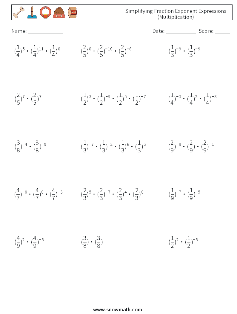 Simplifying Fraction Exponent Expressions (Multiplication) Math Worksheets 6