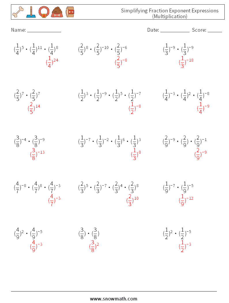 Simplifying Fraction Exponent Expressions (Multiplication) Math Worksheets 6 Question, Answer