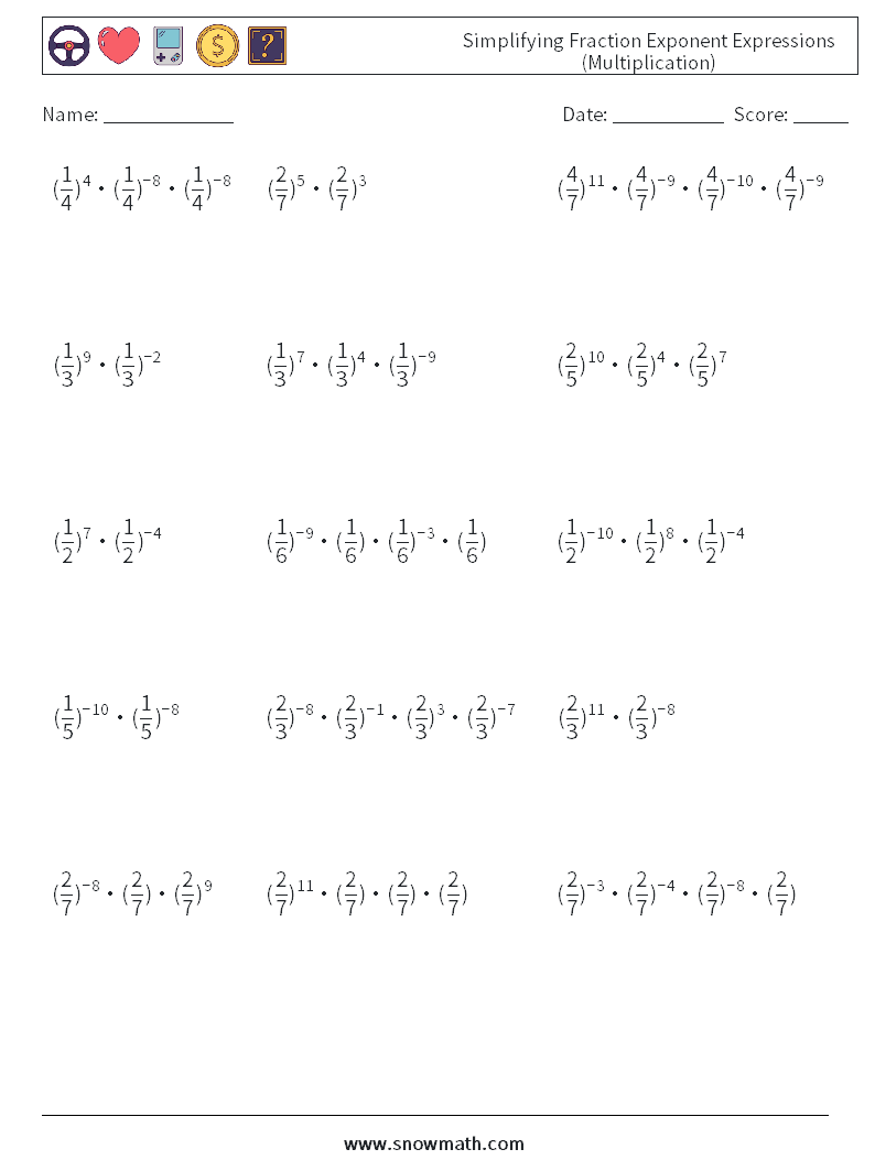 Simplifying Fraction Exponent Expressions (Multiplication) Math Worksheets 7