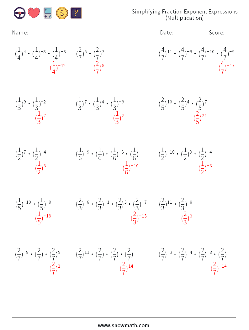 Simplifying Fraction Exponent Expressions (Multiplication) Math Worksheets 7 Question, Answer