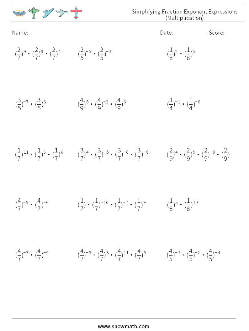 Simplifying Fraction Exponent Expressions (Multiplication) Math Worksheets 8