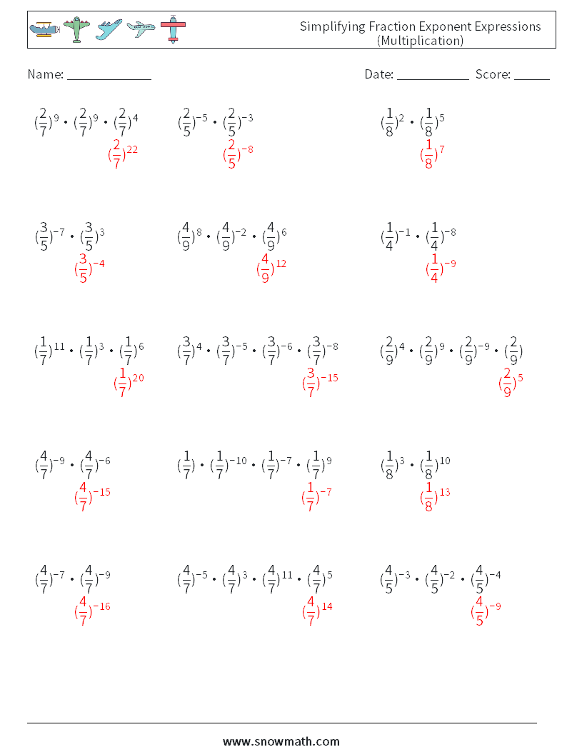 Simplifying Fraction Exponent Expressions (Multiplication) Math Worksheets 8 Question, Answer