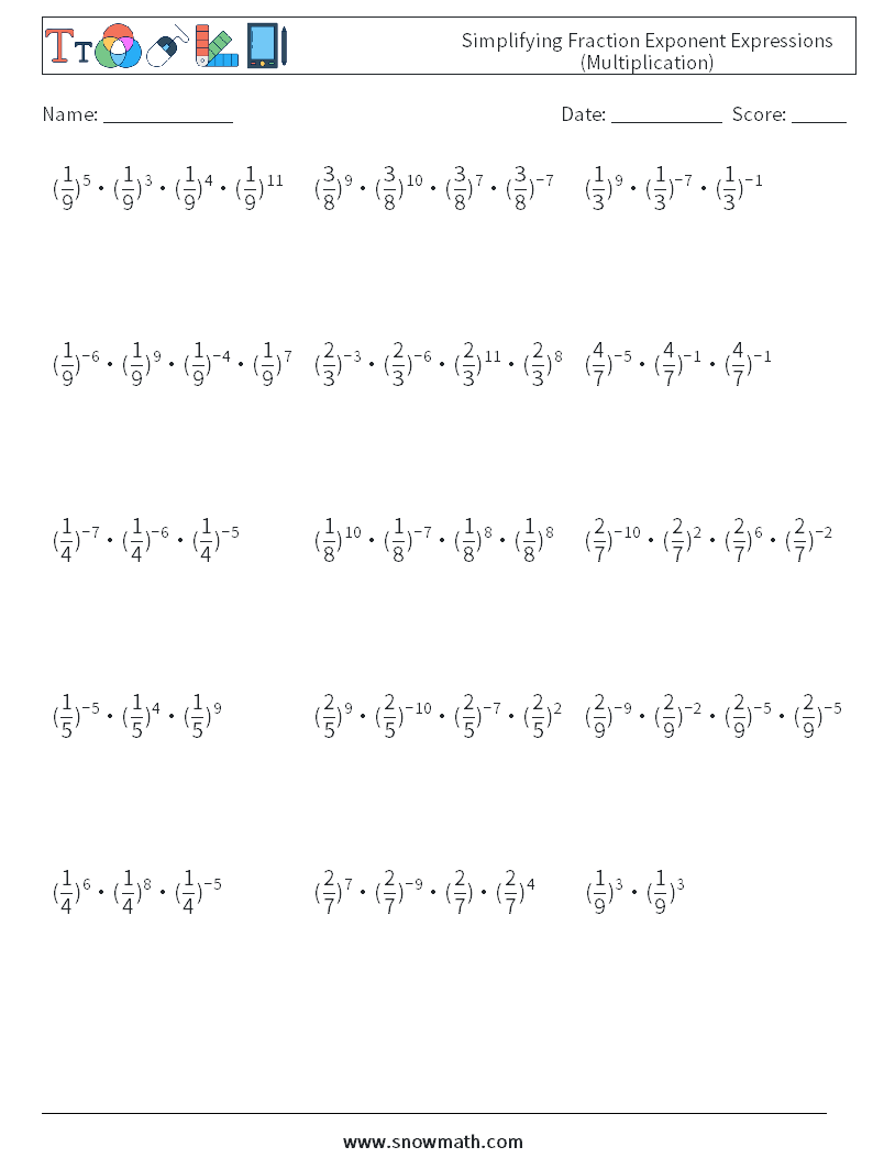 Simplifying Fraction Exponent Expressions (Multiplication) Math Worksheets 9