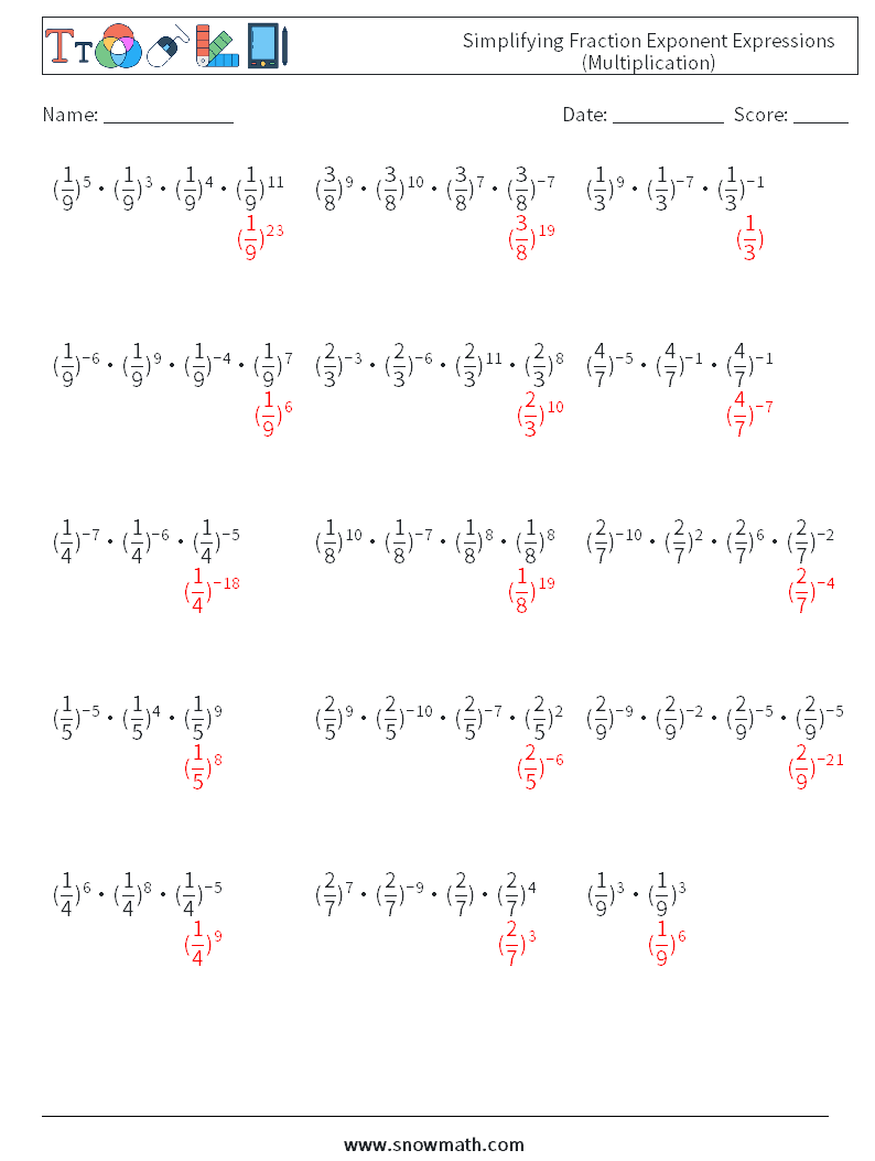 Simplifying Fraction Exponent Expressions (Multiplication) Math Worksheets 9 Question, Answer