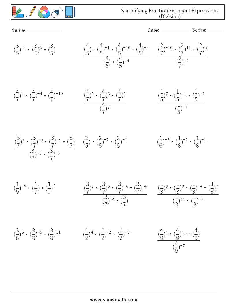 Simplifying Fraction Exponent Expressions (Division) Math Worksheets 1