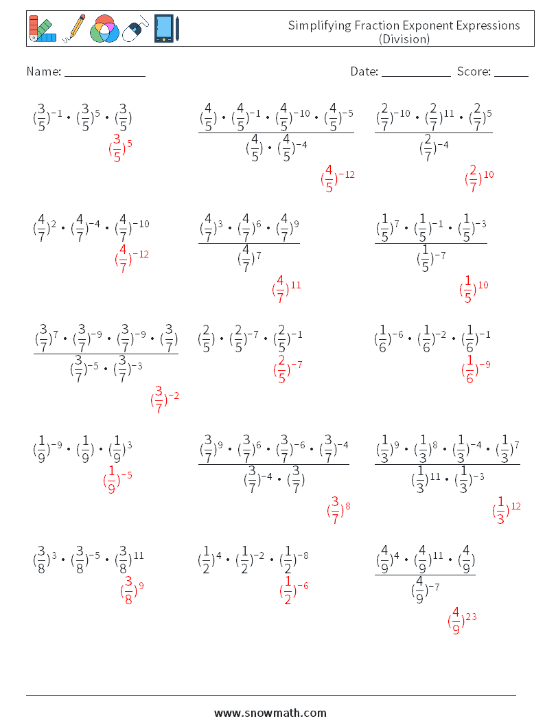 Simplifying Fraction Exponent Expressions (Division) Math Worksheets 1 Question, Answer