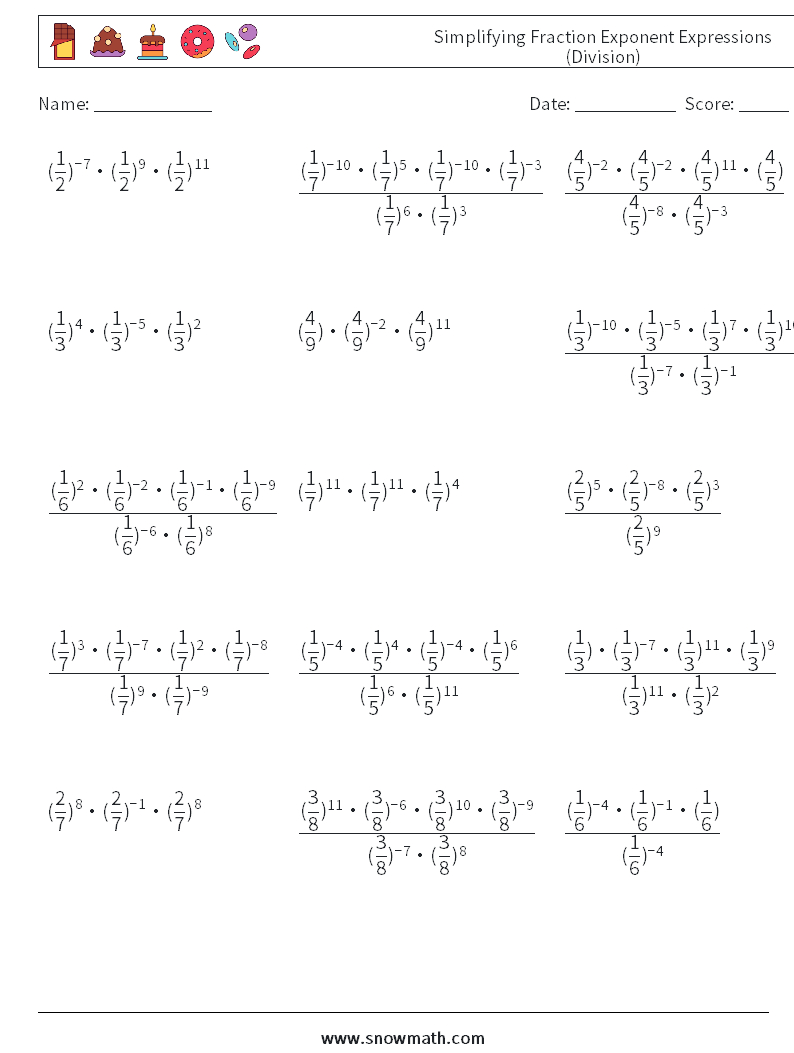 Simplifying Fraction Exponent Expressions (Division) Math Worksheets 2