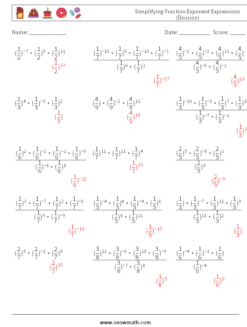 Simplifying Fraction Exponent Expressions (Division) Math Worksheets 2 Question, Answer