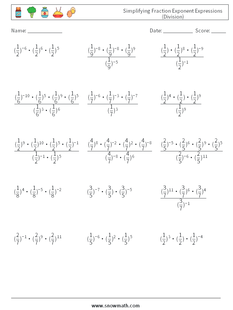 Simplifying Fraction Exponent Expressions (Division) Math Worksheets 3