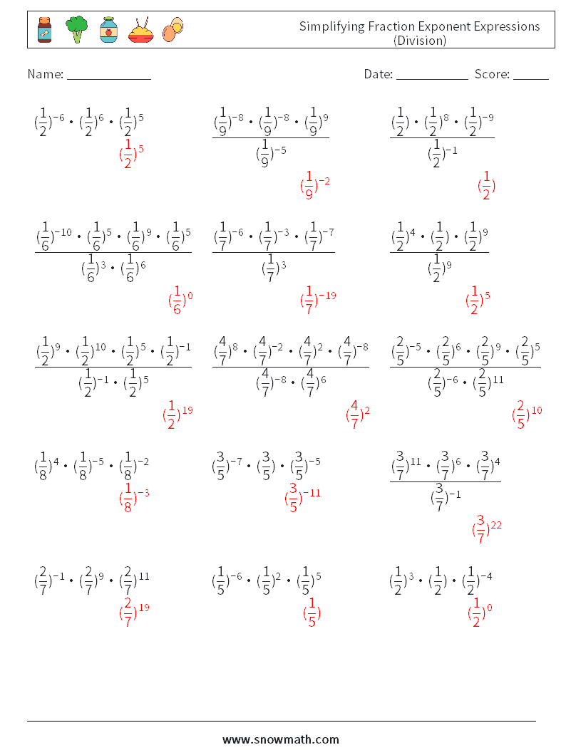 Simplifying Fraction Exponent Expressions (Division) Math Worksheets 3 Question, Answer