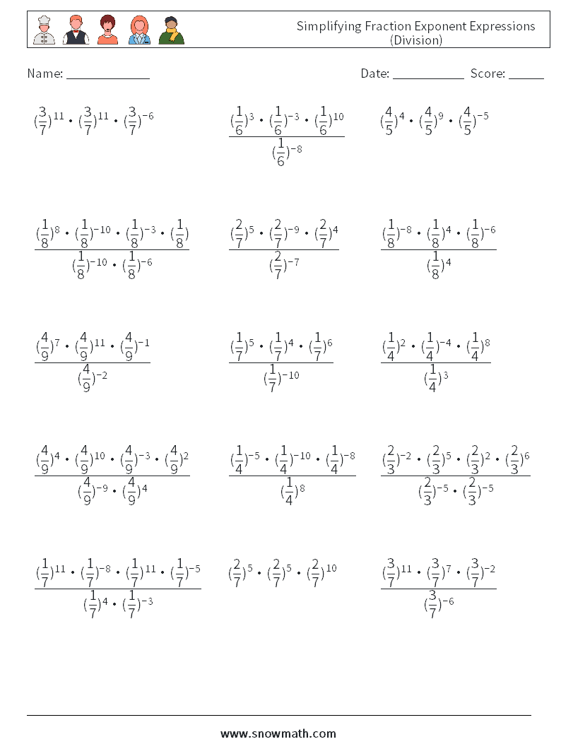 Simplifying Fraction Exponent Expressions (Division) Math Worksheets 4