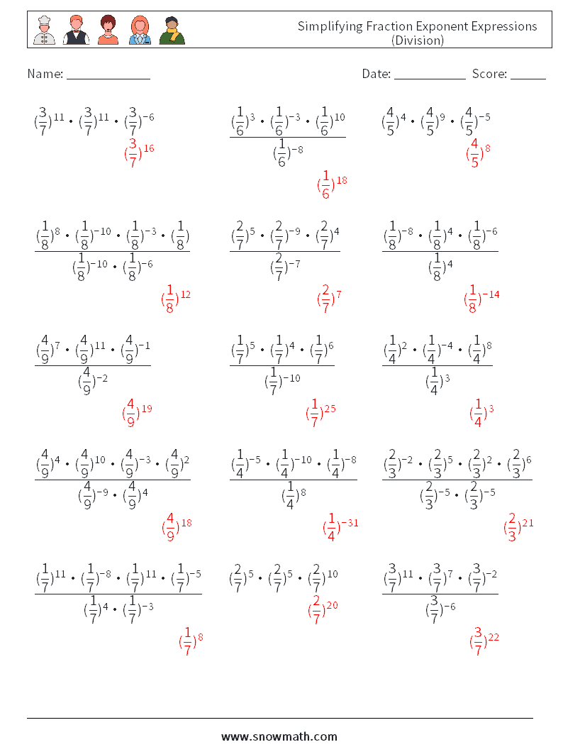 Simplifying Fraction Exponent Expressions (Division) Math Worksheets 4 Question, Answer