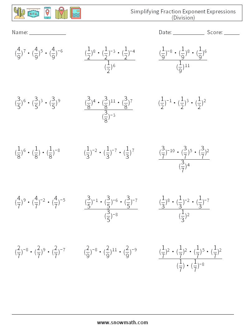 Simplifying Fraction Exponent Expressions (Division) Math Worksheets 5