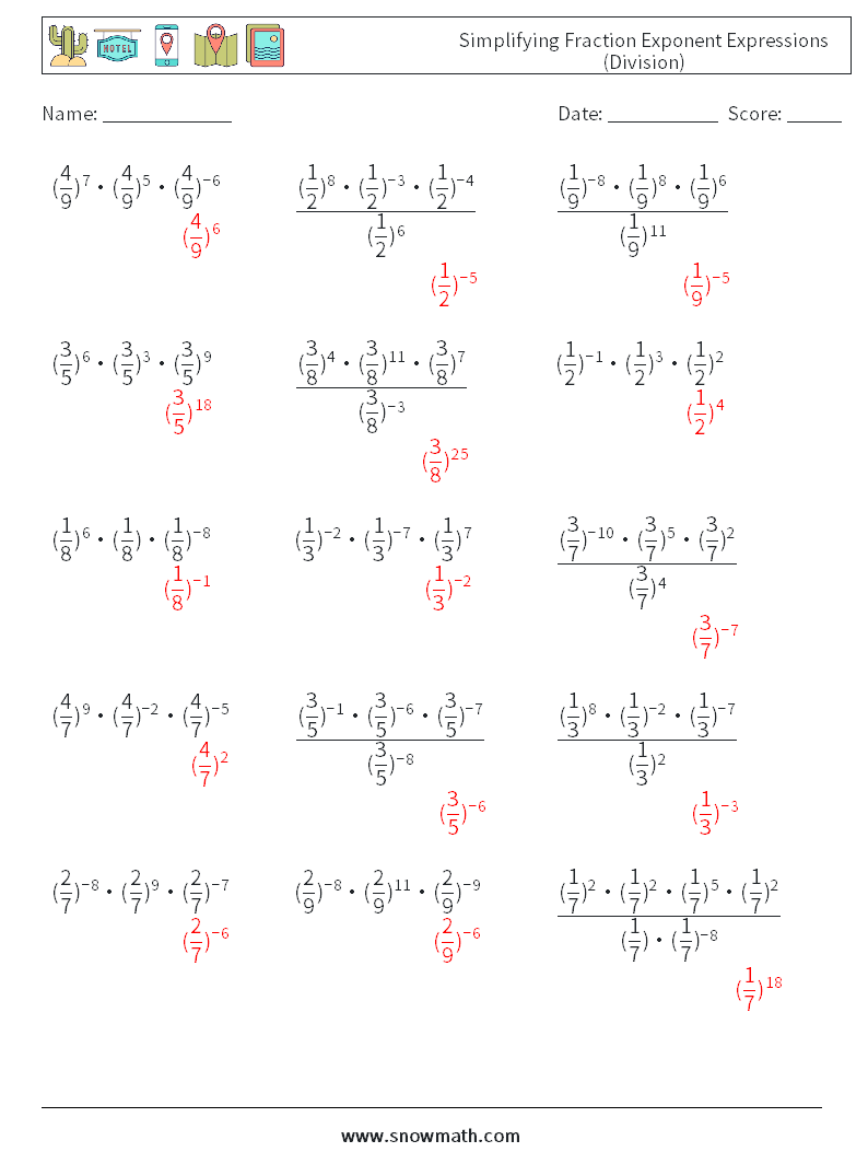 Simplifying Fraction Exponent Expressions (Division) Math Worksheets 5 Question, Answer