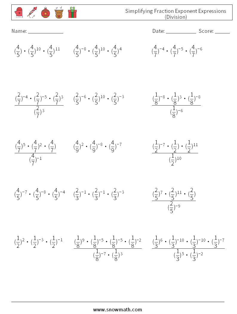 Simplifying Fraction Exponent Expressions (Division) Math Worksheets 6