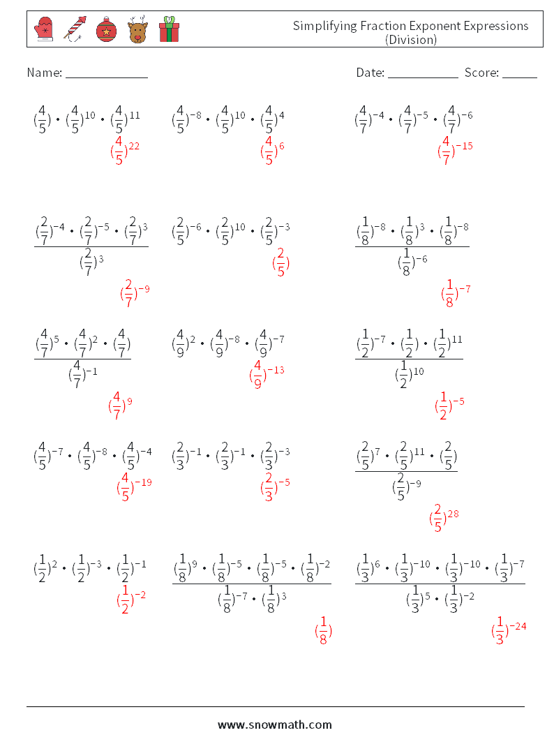 Simplifying Fraction Exponent Expressions (Division) Math Worksheets 6 Question, Answer