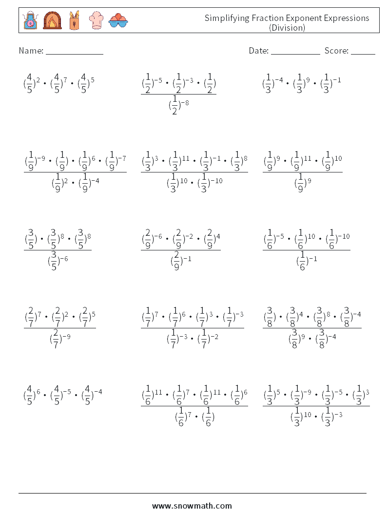 Simplifying Fraction Exponent Expressions (Division) Math Worksheets 7