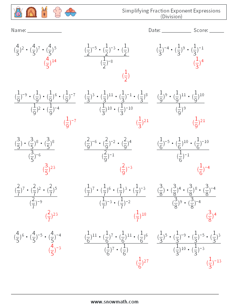 Simplifying Fraction Exponent Expressions (Division) Math Worksheets 7 Question, Answer