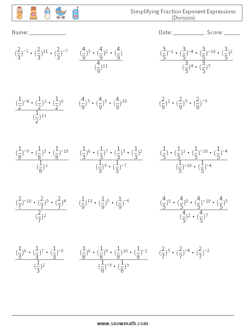 Simplifying Fraction Exponent Expressions (Division) Math Worksheets 8